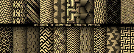 Geometric set of seamless black and golden patterns. Simple vector graphicsのイラスト素材