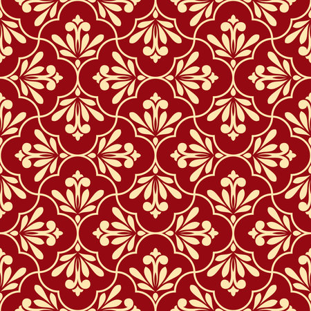 Flower geometric pattern. Seamless background. Gold and red ornament. Ornament for fabric, wallpaper, packaging. Decorative printの写真素材