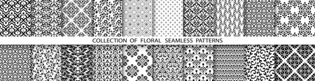 Geometric floral set of seamless patterns. White and black backgrounds. Damask graphic ornaments.の写真素材