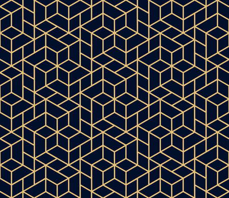 The geometric pattern with lines. Seamless background. Gold and dark blue texture. Graphic modern pattern. Simple lattice graphic designの写真素材