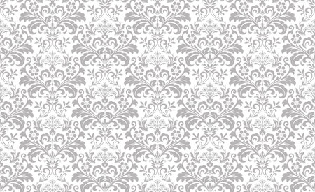 Wallpaper in the style of Baroque. Seamless background. White and gray floral ornament. Graphic pattern for fabric, wallpaper, packaging. Ornate Damask flower ornament.の写真素材