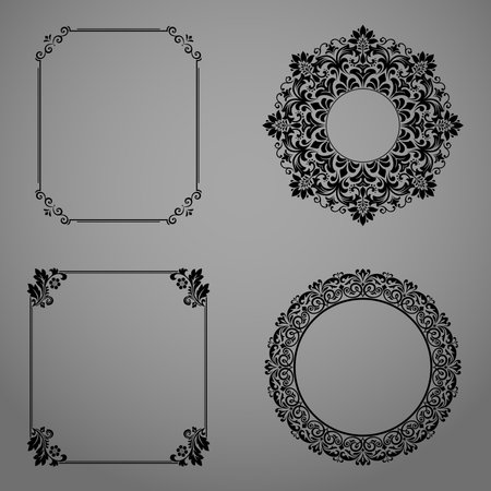 Set of decorative frames Elegant vector element for design in Eastern style, place for text. Floral black and gray borders. Lace illustration for invitations and greeting cardsのイラスト素材