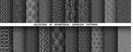 Geometric set of seamless black and gray patterns. Simple vector graphicsのイラスト素材