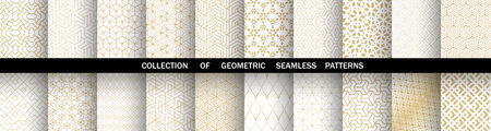 Geometric set of seamless golden and white patterns. Simple vector graphicsのイラスト素材