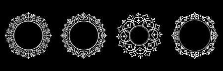 Set of decorative frames Elegant vector element for design in Eastern style, place for text. Floral black and white borders. Lace illustration for invitations and greeting cards.のイラスト素材