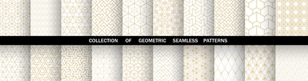 Geometric set of seamless golden and white patterns. Simple vector graphicsのイラスト素材