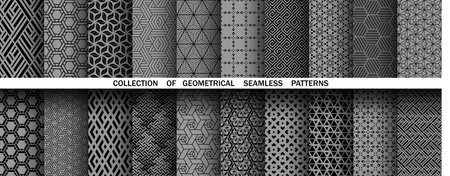 Geometric set of seamless black and gray patterns. Simple vector graphicsのイラスト素材