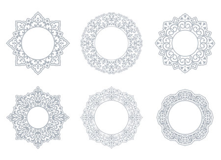 Set of decorative frames Elegant vector element for design in Eastern style, place for text. Floral gray and white borders. Lace illustration for invitations and greeting cardsのイラスト素材