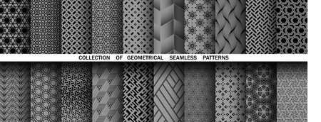 Geometric set of seamless black and gray patterns. Simple vector graphicsのイラスト素材