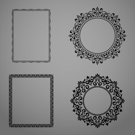 Set of decorative frames Elegant vector element for design in Eastern style, place for text. Floral black and gray borders. Lace illustration for invitations and greeting cardsのイラスト素材