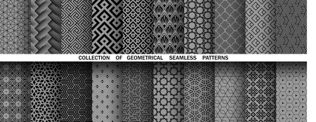 Geometric set of seamless black and gray patterns. Simple vector graphicsのイラスト素材