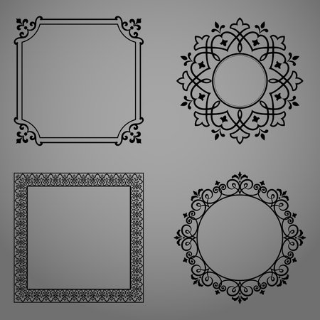 Set of decorative frames Elegant vector element for design in Eastern style, place for text. Floral black and gray borders. Lace illustration for invitations and greeting cardsのイラスト素材