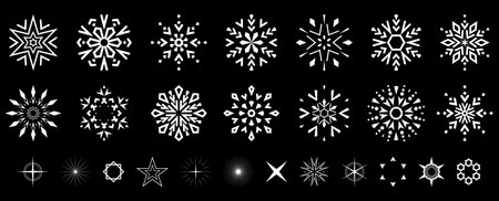 Snowflakes icon collection. Graphic modern black and white ornament.のイラスト素材