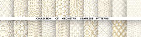 Geometric set of seamless golden and white patterns. Simple vector graphicsのイラスト素材