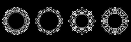 Set of decorative frames Elegant vector element for design in Eastern style, place for text. Floral black and white borders. Lace illustration for invitations and greeting cards.のイラスト素材