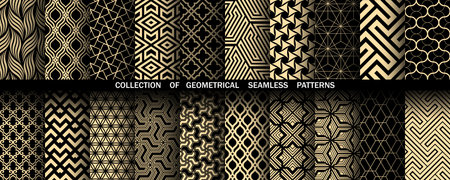 Geometric set of seamless black and golden patterns. Simple vector graphicsのイラスト素材