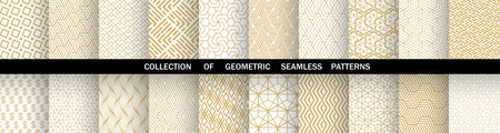 Geometric set of seamless golden and white patterns. Simple vector graphicsのイラスト素材