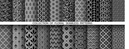 Geometric floral set of seamless patterns. Gray and black vector backgrounds. Damask graphic ornamentsのイラスト素材