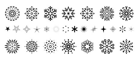 Snowflakes icon collection. Graphic modern black and white ornament.のイラスト素材