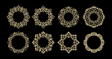 Set of decorative frames Elegant vector element for design in Eastern style, place for text. Floral black and golden borders. Lace illustration for invitations and greeting cardsのイラスト素材