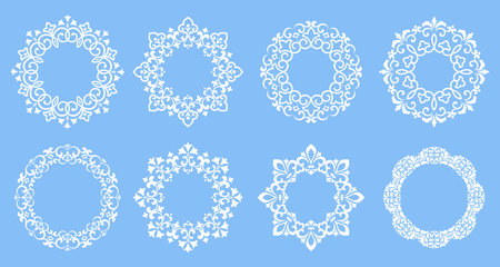 Set of decorative frames Elegant vector element for design in Eastern style, place for text. Floral blue and white borders. Lace illustration for invitations and greeting cardsのイラスト素材