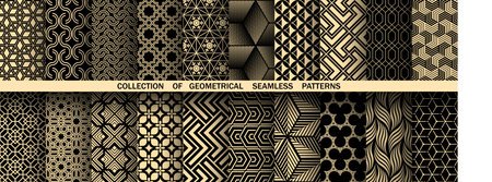 Geometric set of seamless black and golden patterns. Simple vector graphicsのイラスト素材