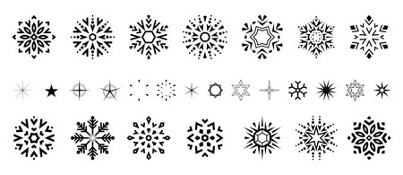 Snowflakes icon collection. Graphic modern black and white ornament.のイラスト素材