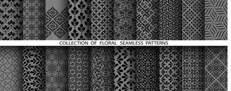 Geometric floral set of seamless patterns. Gray and black vector backgrounds. Damask graphic ornamentsのイラスト素材