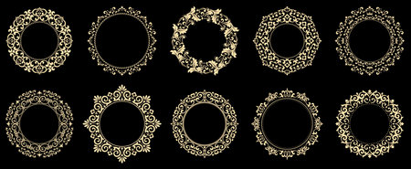 Set of decorative frames Elegant vector element for design in Eastern style, place for text. Floral black and golden borders. Lace illustration for invitations and greeting cardsのイラスト素材