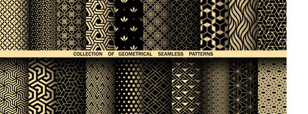 Geometric set of seamless black and golden patterns. Simple vector graphicsのイラスト素材
