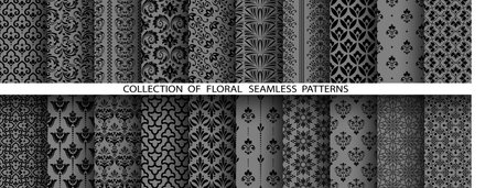 Geometric floral set of seamless patterns. Gray and black vector backgrounds. Damask graphic ornamentsのイラスト素材