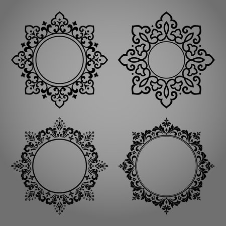 Set of decorative frames Elegant vector element for design in Eastern style, place for text. Floral black and gray borders. Lace illustration for invitations and greeting cardsのイラスト素材