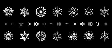 Snowflakes icon collection. Graphic modern black and white ornament.のイラスト素材