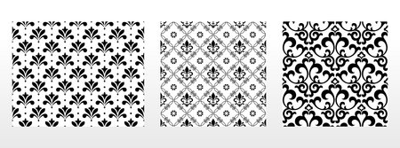 Geometric floral set of seamless patterns. White and black vector backgrounds. Damask graphic ornaments.のイラスト素材