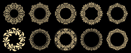 Set of decorative frames Elegant vector element for design in Eastern style, place for text. Floral black and golden borders. Lace illustration for invitations and greeting cardsのイラスト素材