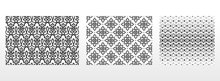 Geometric floral set of seamless patterns. White and black vector backgrounds. Damask graphic ornaments.のイラスト素材