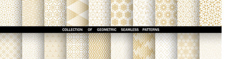 Geometric set of seamless golden and white patterns. Simple vector graphicsのイラスト素材