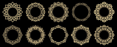 Set of decorative frames Elegant vector element for design in Eastern style, place for text. Floral black and golden borders. Lace illustration for invitations and greeting cardsのイラスト素材