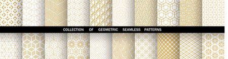 Geometric set of seamless golden and white patterns. Simple vector graphicsのイラスト素材