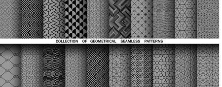 Geometric set of seamless black and gray patterns. Simple vector graphicsのイラスト素材
