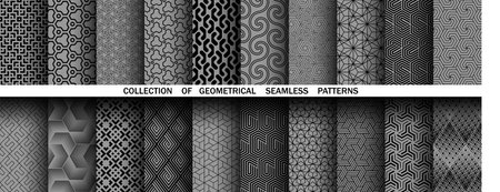 Geometric set of seamless black and gray patterns. Simple vector graphicsのイラスト素材