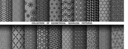 Geometric set of seamless black and gray patterns. Simple vector graphicsのイラスト素材