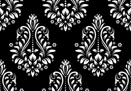 Wallpaper in the style of Baroque. Seamless vector background. White and black floral ornament. Graphic pattern for fabric, wallpaper, packaging. Ornate Damask flower ornament.のイラスト素材