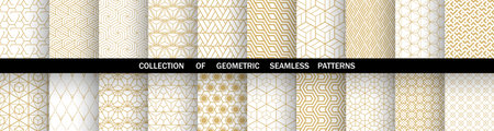 Geometric set of seamless golden and white patterns. Simple vector graphicsのイラスト素材
