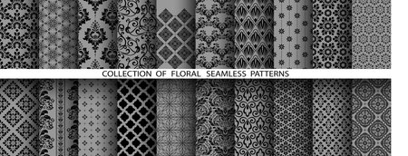 Geometric floral set of seamless patterns. Gray and black vector backgrounds. Damask graphic ornamentsのイラスト素材