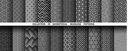 Geometric set of seamless black and gray patterns. Simple vector graphicsのイラスト素材