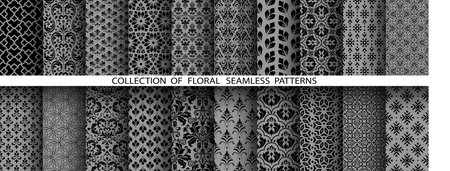 Geometric floral set of seamless patterns Gray and black vector backgrounds. Damask graphic ornamentsのイラスト素材