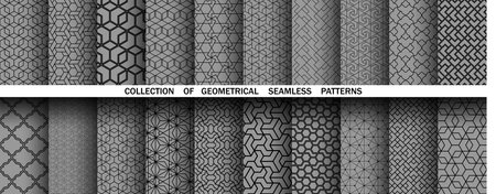 Geometric set of seamless black and gray patterns. Simple vector graphicsのイラスト素材