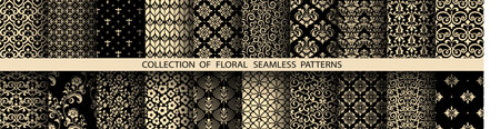 Geometric floral set of seamless patterns. Golden and black vector backgrounds. Damask graphic ornamentsのイラスト素材