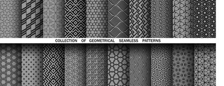 Geometric set of seamless black and gray patterns. Simple vector graphicsのイラスト素材
